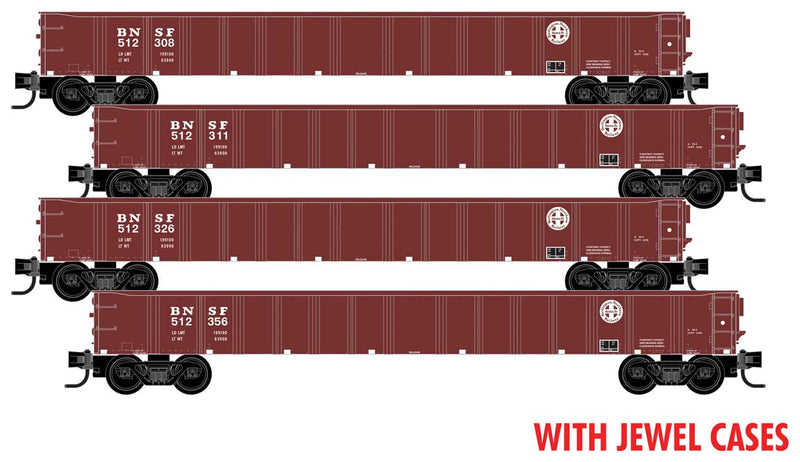 50' 15-Panel Fixed-End Gondola 4-Pack in Jewel Cases - Ready to Run -- BNSF Railway #512308, 512311, 512326, 512356 (Boxcar Red, Circle/Cross Logo)