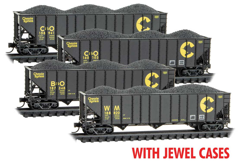 100-Ton 3-Bay Ribside Open Hopper w/Coal Load 4-Pack - Ready to Run - Jewel Ca -- Chessie System WM #188820, B&O #187348, C&O #160103, 158941 (black, yellow)