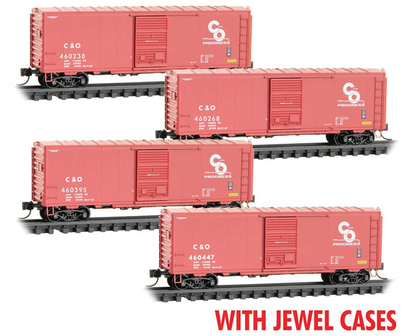 40' Single-Door Boxcar No Roofwalk 4-Pack - Ready to Run -- Chesapeake & Ohio #460238, 460395, 460268, 460447 (Boxcar Red)