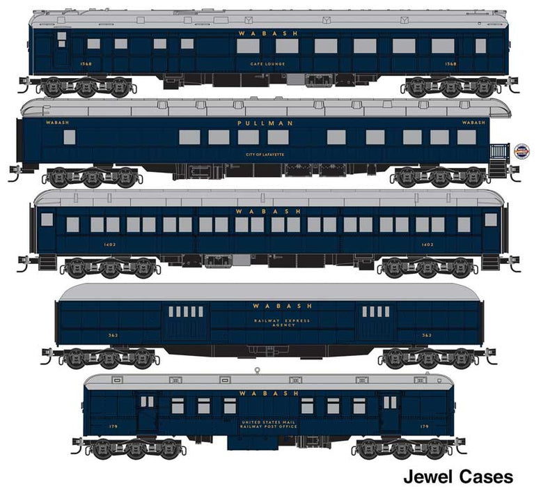 Wabash Cannonball Heavyweight Car Set - Jewel Cases Ready to Run -- 1 Each: RPO, Baggage, 3-2 Obs, 78' Paired-Window Coach, Diner, Wabash (blue