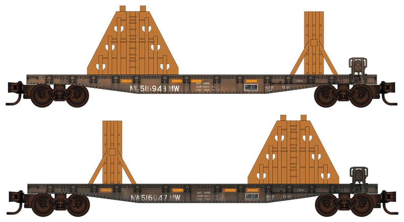 50' Fishbelly-Side Flatcar Flatcar w/Ribbon Rail Rack Ends Kit 2-Pack - RTR -- Norfolk Southern #516947, 516948 (black) Jewel Case