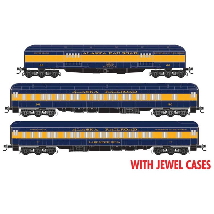 Heavyweight 70' Baggage, 10-1-12 & 12-1 Sleeper Set - Ready to Run -- Alaska Railroad #66, 90, 92 Lake Minchumina (blue, yellow)