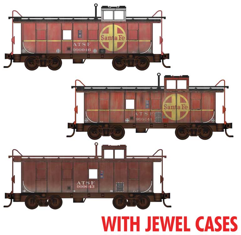 36' Riveted-Steel Cupola Caboose 3-Pack - Ready to Run -- Santa Fe #999046, 999141 (Weathered, red, yellow) 999643 (Weathered brown)