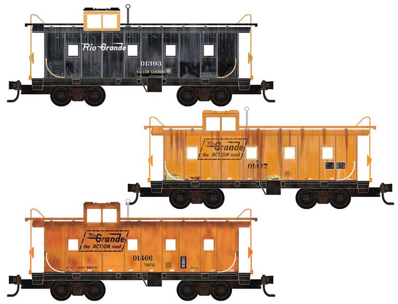 36' Riveted-Steel Cupola Caboose 3-Pack - Ready to Run -- Denver & Rio Grande Western #01393 (black), 01466, 01417 (Aspen Gold)