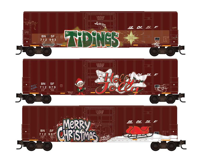 50' Rib-Side Plug-Door Boxcar No Roofwalk 3-Pack - Ready to Run -- BNSF Railway #712963, 712979, 712981 (Weathered; Boxcar Red, Christmas Graffit