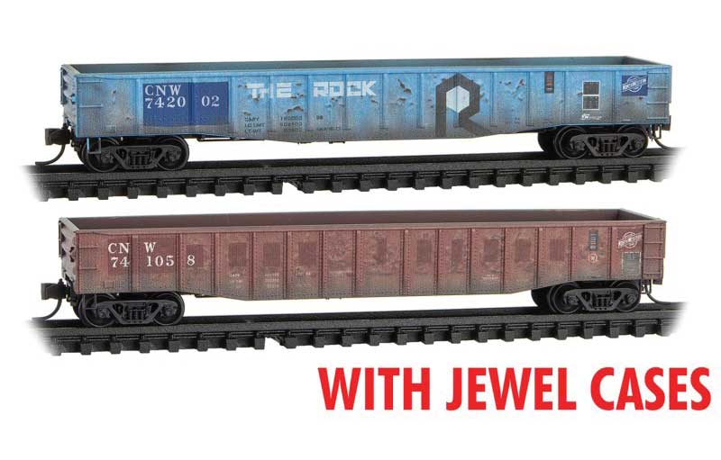 50' 15-Panel Fixed-End Gondola 2-Pack In Jewel Cases - Ready to Run -- Chicago & North Western 742002, 741058 (Weathered, 1 Each: blue, Boxcar Red)