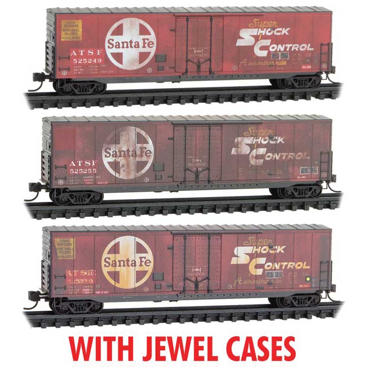 50' Boxcar w/8' Plug Door, No Roofwalk, Short Ladders 3-Pack - Ready to Run -- Santa Fe #525249, 525255, 525268 (Weathered, red, black, Jewel Cases)