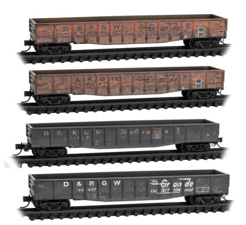 50' Steel Gondola 4-Pack Jewel Cases - Ready to Run -- Denver & Rio Grande Western #56389, 56393, 55101, 55437 (Weathered)