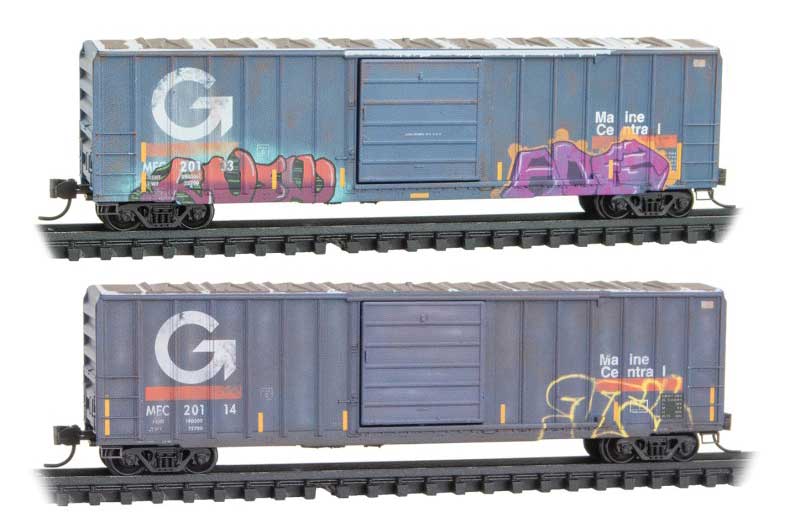 50' Rib-Side Single-Door Boxcar No Roofwalk Jewel Cases - Ready to Run -- Maine Central #20103, 20114 (Weathered, gray, white, orange, Graffiti)