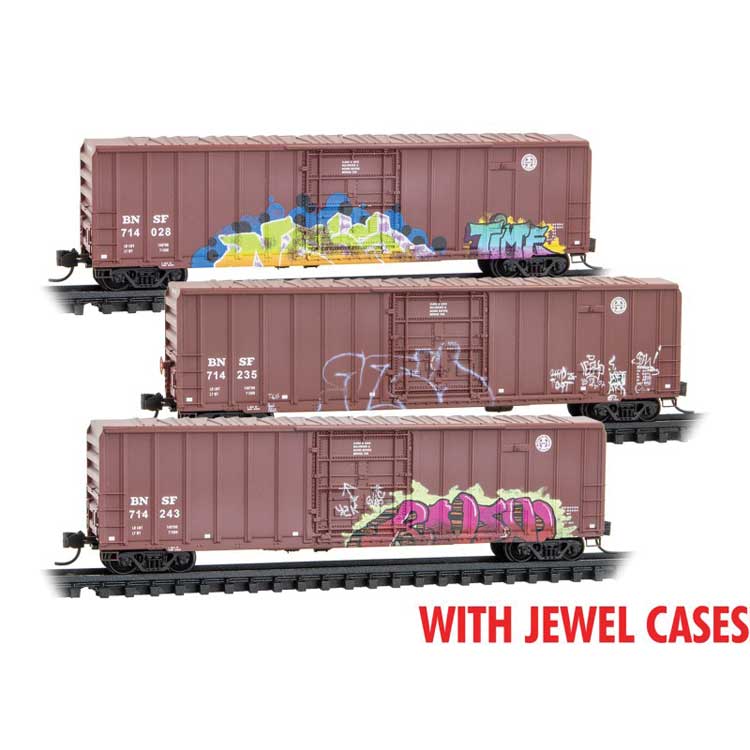 50' Rib-Side Plug-Door Boxcar No Roofwalk 3-Pack Jewel Case - Ready to Run -- BNSF Railway #714028, 714235, 714243 (Weathered, Boxcar Red, Graffiti)