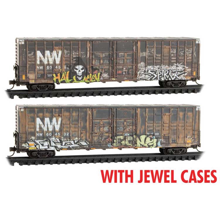 Berwick 60' Excess-Height Waffle Boxcar 2-Pack - Ready to Run Jewel Case -- Norfolk & Western #604629, 604532 (Weathered, black, graffiti)