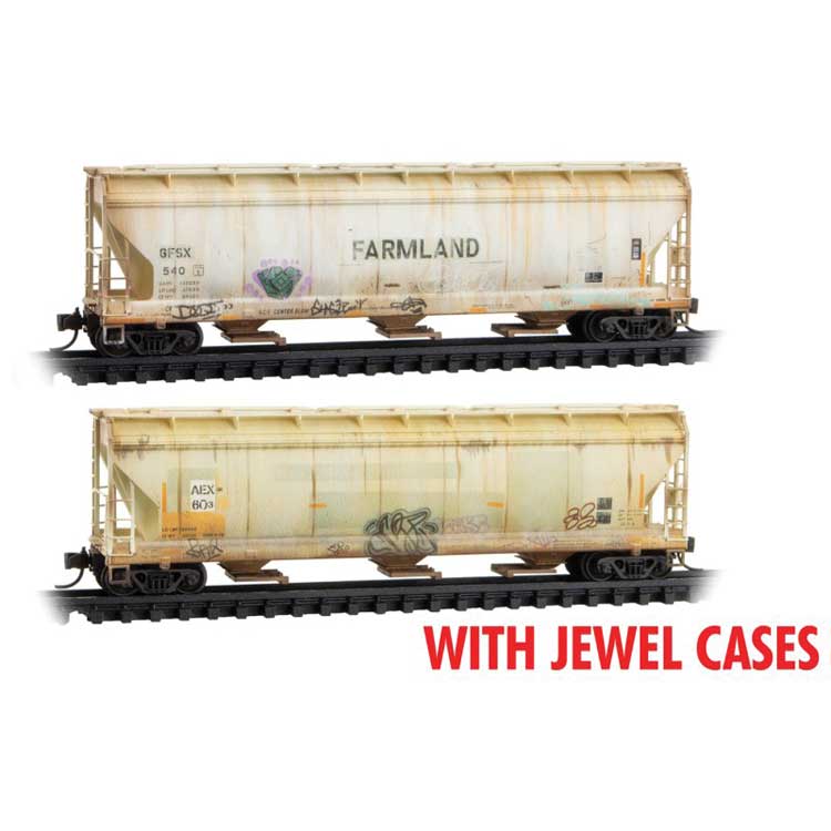 ACF 3-Bay Center-Flow Hopper w/Long Hatches 2-Pack - Ready to Run Jewel -- Farmland GFSX #540, AEX 603 (Weathered, gray, graffiti)