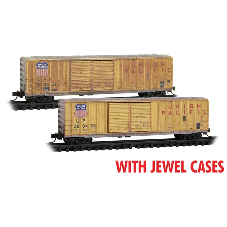 50' Rib-Side Double-Door Boxcar No Roofwalk 2-Pack - Ready to Run -- Union Pacific #300331, 300432 (Weathered, Armour Yellow, red, silver)