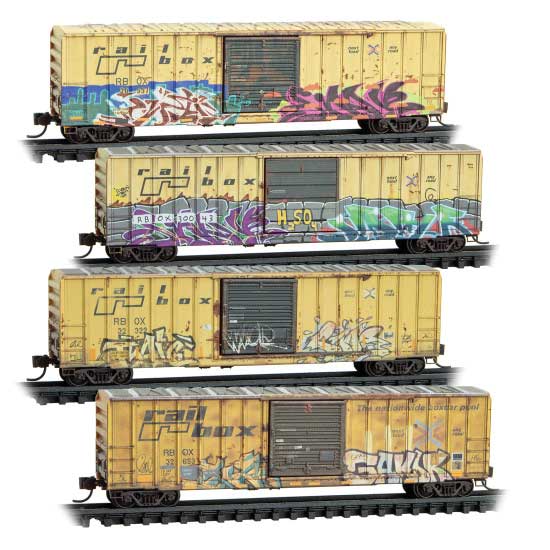 50' Rib-Side Single-Door Boxcar No Roofwalk 4-Pack - Ready to Run -- Railbox #20557, 30043, 32322, 32653 (Weathered, yellow, black, graffiti)