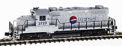 Diesel EMD GP20 Powered -- Pepsi-Cola(R) #2723 (silver, red, white & blue sphere logo, black handrails)