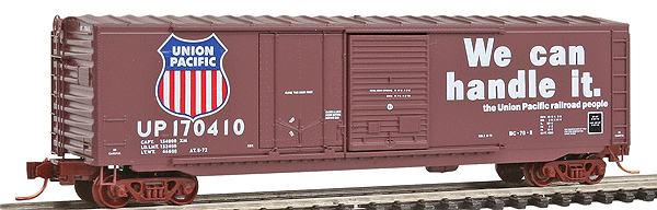 50' Plug & Sliding Door Boxcar 4-Car Runner Pack - Ready to Run -- Union Pacific #129961, 170405, 170410, 170530 (brown, We Can Handle It Sloga