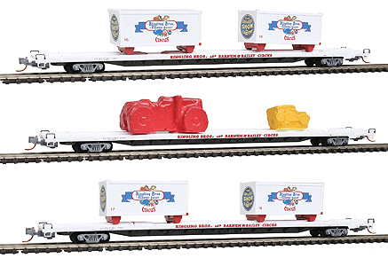 Circus Flatcar Runner Pack w/Vehicle Loads - Ready to Run -- Ringling Bros. and Barnum & Bailey(R) (1970s Blue Train Scheme, white, blue)