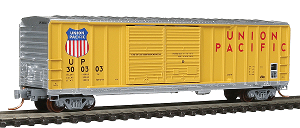50' Rib-Side Double-Door Boxcar No Roofwalk 4-Car Runner Pack - Ready to Run -- Union Pacific #300303, 300318, 300329, 300335 (Armour Yellow, gray)