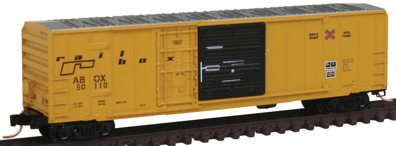 50' Rib-Side Plug & Sliding Door Boxcar No Roofwalk 4-Pack - Ready to Run -- Railbox #50006, 50050, 50073, 50110 (yellow, black, Small Logo)