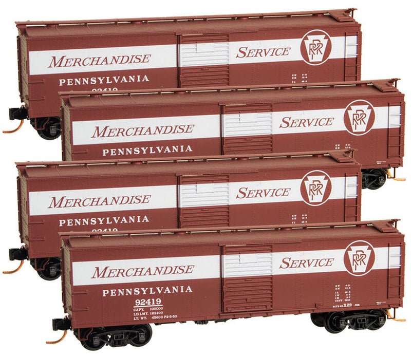 40' USRA Steel Boxcar 4-Car Runner Pack - Ready to Run -- Pennsylvania Railroad #92419, 92442, 92464, 92499 (Tuscan, Merchandise Servi