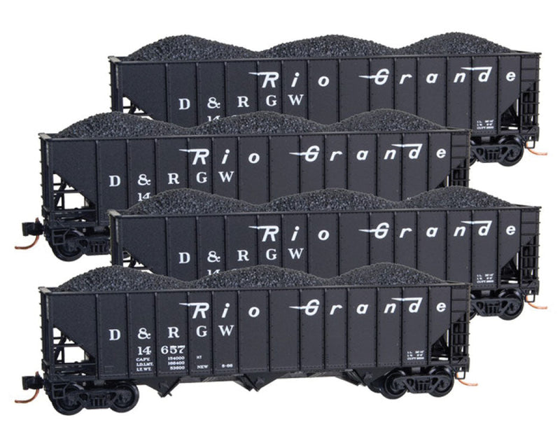 100-Ton 3-Bay Ribside Open Hopper w/Coal Load 4-Car Runner Pack - Ready to Run -- Denver & Rio Grande Western #14657, 14722, 14986, 14990 (black)