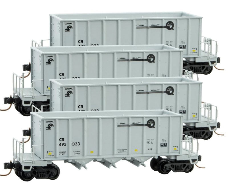 Ortner 3-Bay Rapid Discharge Hopper 4-Car Runner Pack - Ready to Run -- Conrail #493033, 493071, 493182, 493197 (gray, black, Quality Logo)