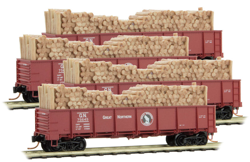 40' Drop-Bottom Gondola w/Pulpwood Load 4-Pack - Ready to Run -- Great Northern #75520, 75555, 75600, 75645 (red, black, white, Rocky Logo)