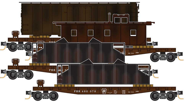 50' Fishbelly-Side Flatcar w/Freight Car Loads 4-Pack - Ready to Run -- Pennsylvania Railroad #480071, 480072, 480075, 480078 (Tuscan)