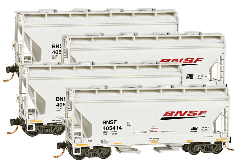 ACF 39' 2-Bay Center-Flow Covered Hopper 4-Pack - Round Hatches - Ready to Run -- BNSF Railway 405410, 405415, 405428, 405437 (gray, orange, black, Wedge Logo-1