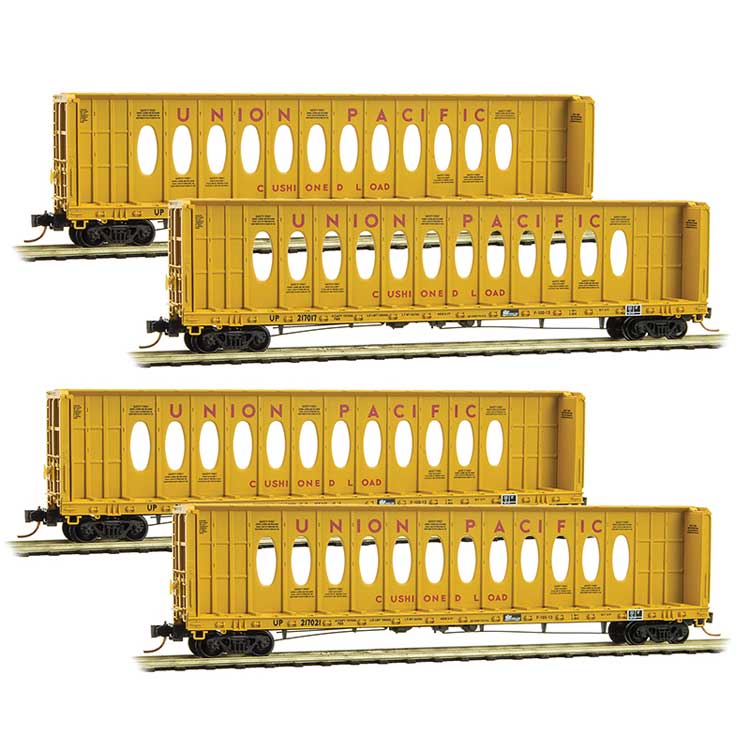 Thrall 60' 8" Centerbeam Flatcar - Opera Window 4-Pack - Ready to Run -- Union Pacific 217017, 217020, 217021, 217024 (Armour Yellow, red)