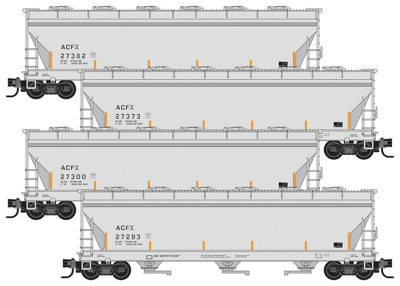 ACF 3-Bay Center Flow Covered Hopper, Round Hatches 4-Pack - Ready to Run -- ACFX 27293, 27300, 27373, 27382 (gray, black, yellow cnspicuity marks)