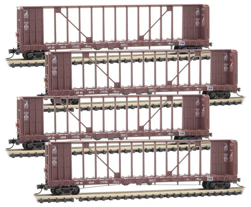 Thrall 60' 8" Centerbeam Flatcar 4-Pack - Ready to Run -- Union Pacific 260204, 260209, 260214, 260215 (Boxcar Red)