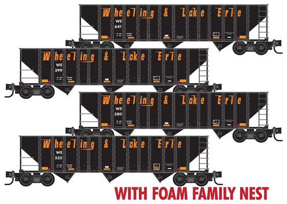 100-Ton 3-Bay Ribside Open Hopper w/Coal Load 4-Pack - Ready to Run -- Wheeling & Lake Erie #535, 580, 599, 641 (Foam Nest; black, orange)