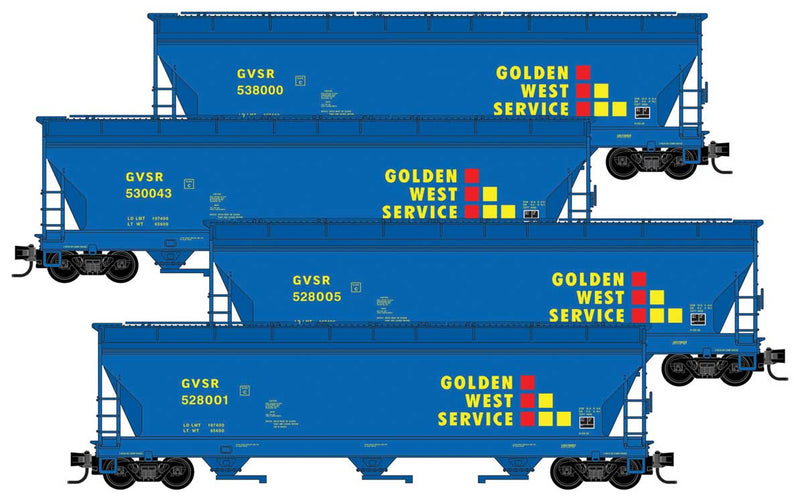 ACF 3-Bay Center Flow Covered Hopper w/Elongated Hatches 4-Pack - Ready to Run -- Golden West Service GVSR #528001, 528005, 530043, 538000 Foam (blue, yellow