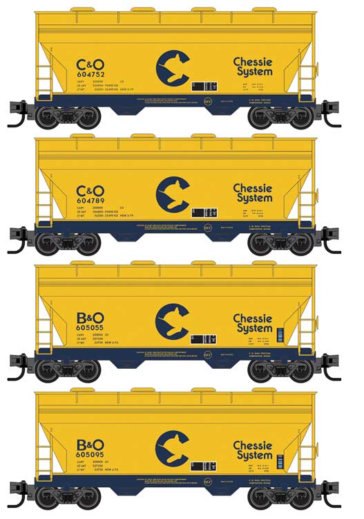ACF 39' 2-Bay Center-Flow Covered Hopper Round Hatches 4-Pack - Ready to Run -- Chessie System B&O #604752, 604789, 605055, 605095 (yellow, blue) Foam Nest