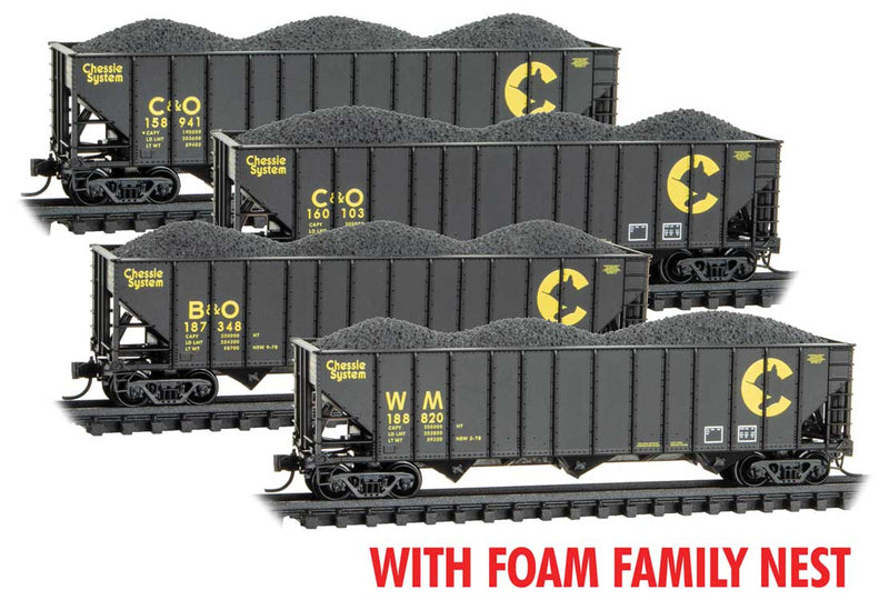 100-Ton 3-Bay Ribside Open Hopper w/Coal Load 4-Pack - Ready to Run - Foam Nes -- Chessie System WM #188820, B&O #187348, C&O #160103, 158941 (black, yellow)
