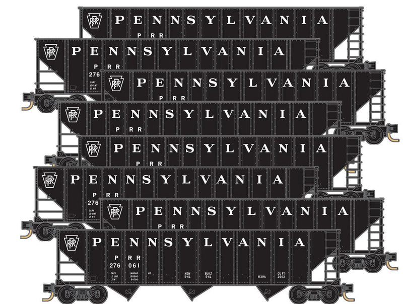 100-Ton 3-Bay Ribside Open Hopper w/Coal Load 8-Car Runner Pack - Ready to Run -- Pennsylvania Railroad (black, Plain Keystone, Spelled-Out Name)