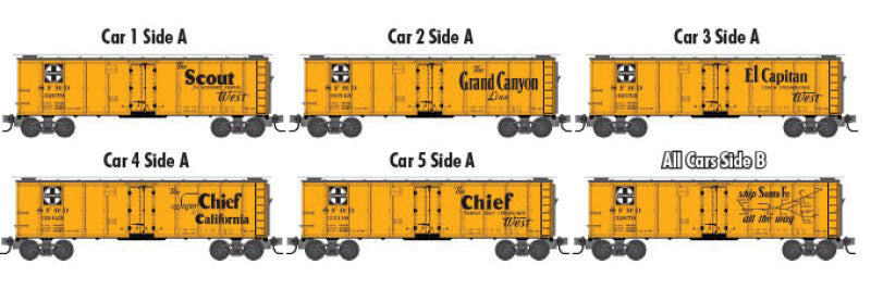 40' Steel Ice Reefer 5-Car Runner Pack - Ready to Run -- Santa Fe (yellow, black, 1-Each of 5 Streamliner Slogans, map on Side B)
