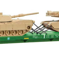 Department of Defense 6-Axle 68' Flatcar w/2 Abrams Tanks 3-Pack - Ready to Ru -- Department of Defense DODX #40017, 40059, 40034 (green, yellow)