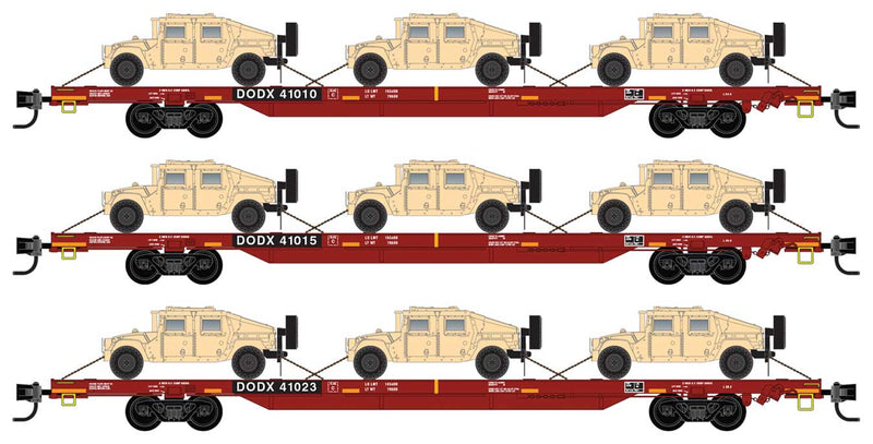 6-Axle 68' Flatcar with Humvee Load 3-Pack - Ready to Run -- US Department of Defense DODX 41010, 41015, 41023 (brown, beige load)
