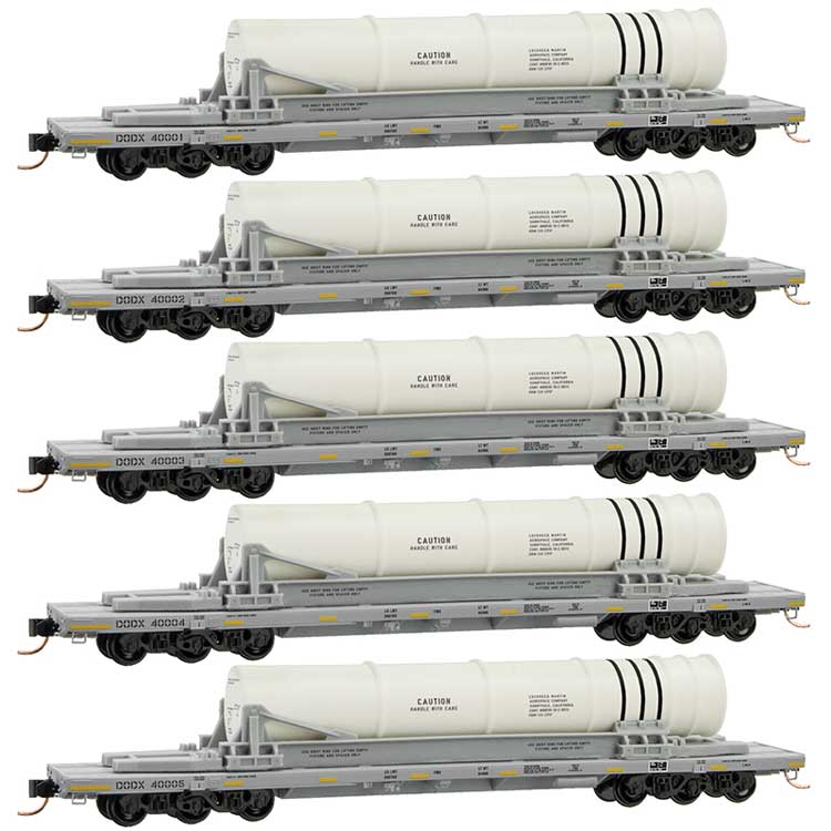 Department of Defense 6-Axle 68' Flatcar w/Booster Rocket 5-Pack - Ready to Ru -- Department of Defense DODX #40001, 40002, 40003, 40004, 40005 (gray, yellow)