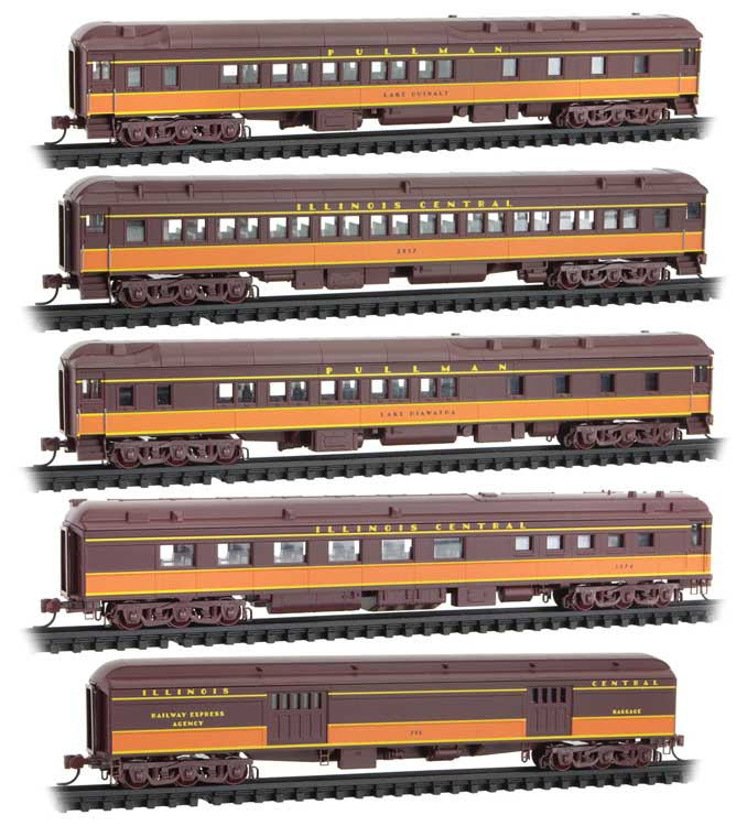 Heavyweight Baggage, Coach, Parlor and 2 10-1-2 Sleeper 5-Car Set - Ready t -- Illinois Central 792, 2817, 3974, Lake Hiawatha, Lake Quinalt (brown, orange-1