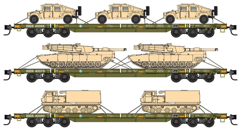6-Axle 68' Flatcar with Military Load 3-Pack - Ready to Run -- US Department of Defense (olive, with reflectors)
