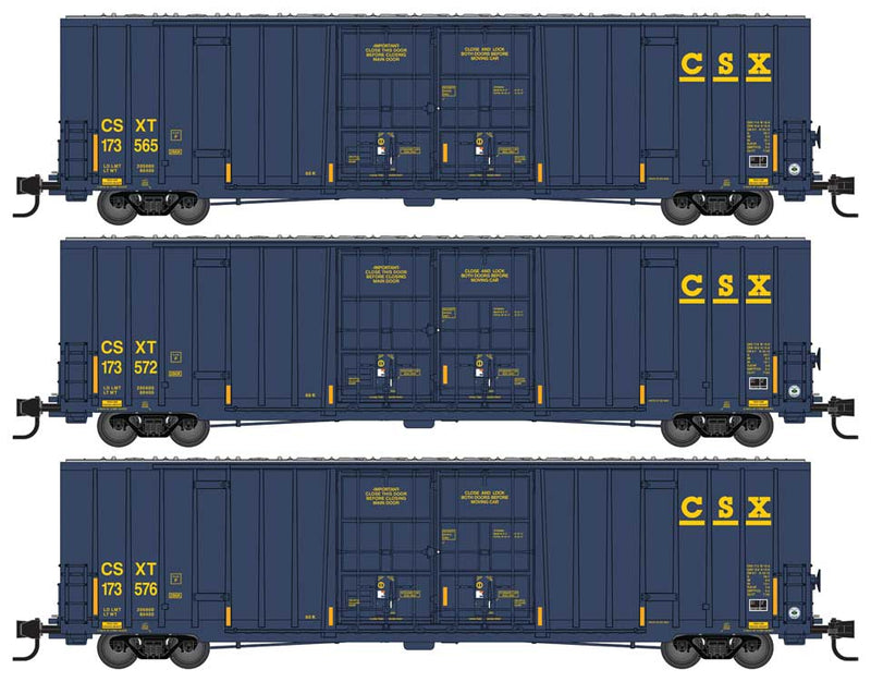 60' Rib-Side, Double-Plug-Door High-Cube Boxcar 3-Pack - Ready to Run -- CSX 173565, 173572, 173576 (blue, yellow, conspicuity marks)-1