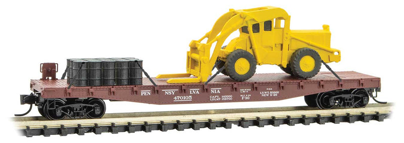 50' Fishbelly-Side Flatcar with Construction Loads 3-Pack - Ready to Run -- Pennsylvania Railroad 470105, 470109, 470118 (Tuscan)-1