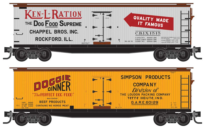 40' Double-Sheathed Wood Reefer - Ready to Run -- Ken-L-Ration CBIX #1515 (white), Doggie Dinner GARE #60129 (yellow)