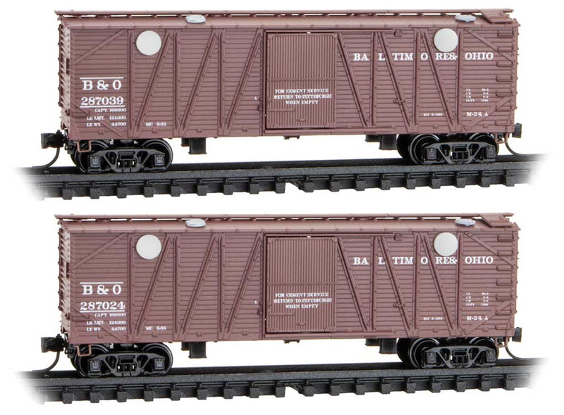 40' Wood Boxcar Cement Hopper 2-Pack in Foam Nest - Ready to Run -- Baltimore & Ohio #287024, 287039 (Boxcar Red, with Unassembled Loading Hatch