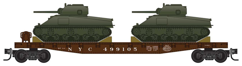 50' Fishbelly-Side Flatcar w/M4 Sherman Tank 4-Pack Foam Nest - Ready to Run -- New York Central (Boxcar Red, Undecorated Tank Load Kit)