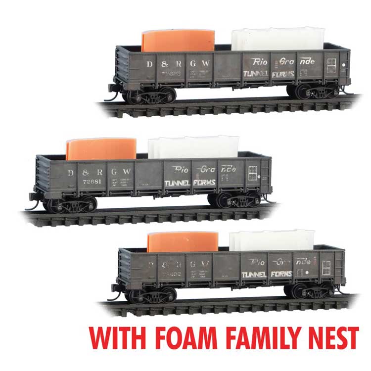 40' Drop-Bottom Gondola w/Tunnel Forms Load 3-Pack - Ready to Run - Foam -- Denver & Rio Grande Western #72692, 72628, 72681 (Weathered, black)