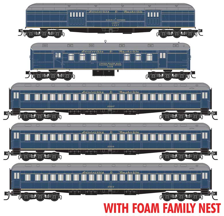 Heavyweight RPO, Baggage & 3 Coach Set - Ready to Run - Jewel Case -- Louisville & Nashville #1447, 1116, 2507, 2510, 2512 (blue, yellow)